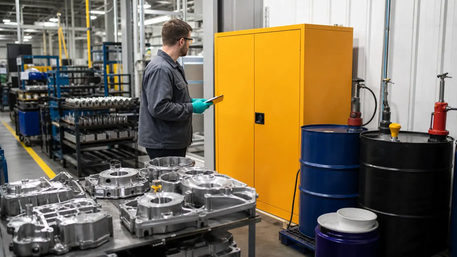 An automotive manufacturing area with metal components and closed process-material containers.