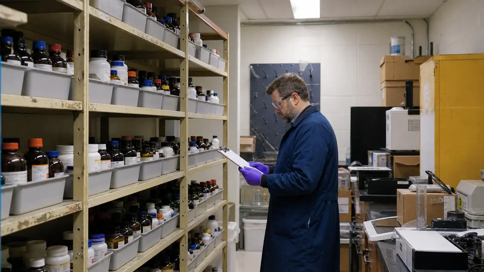 A university chemistry stockroom with sealed reagents prepared for inventory review.