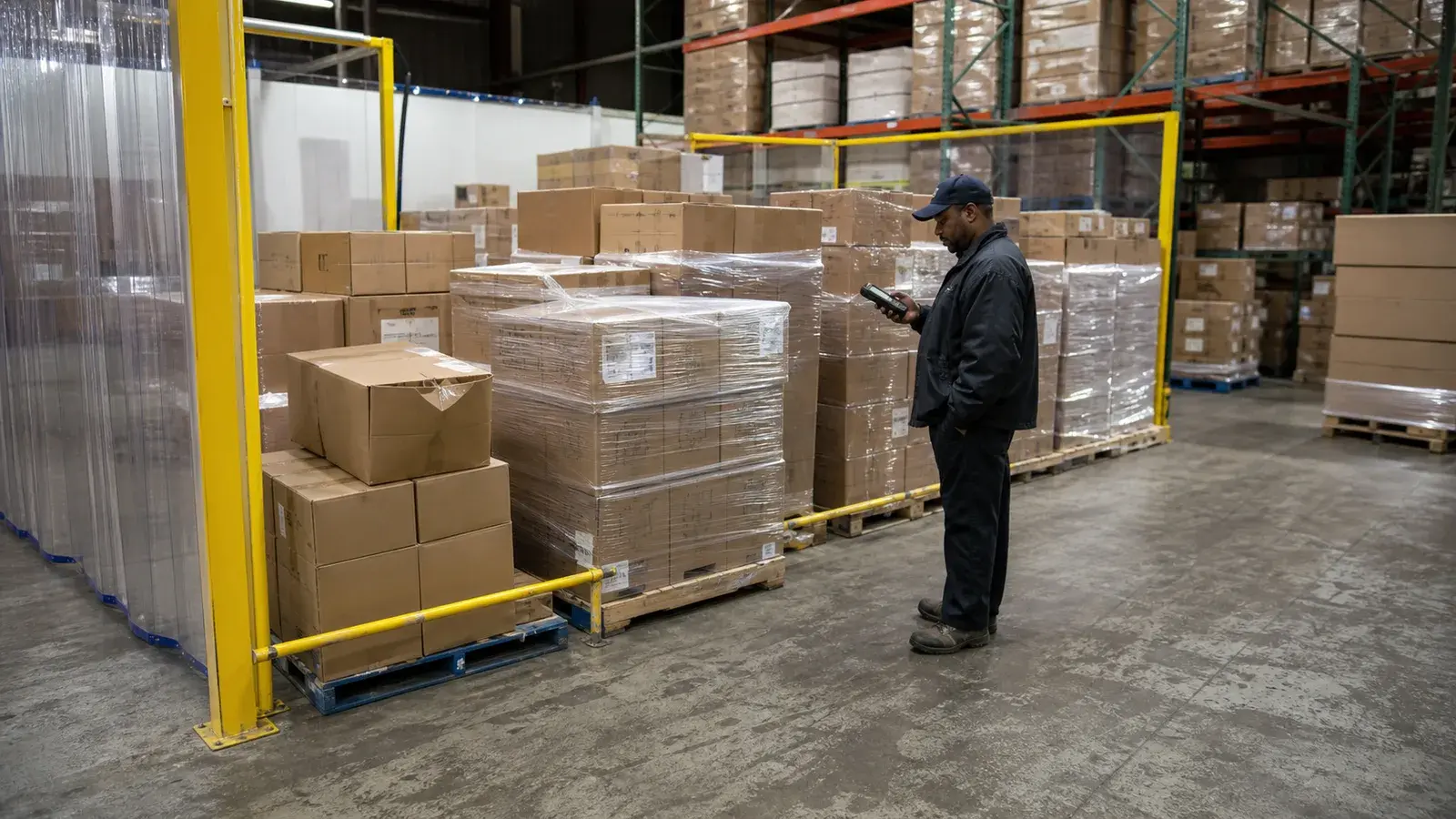 A food-production quality-hold area with sealed palletized inventory.
