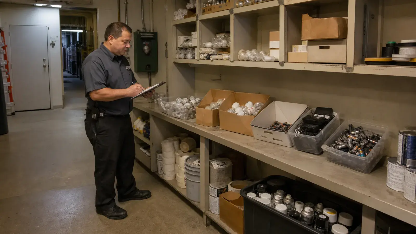 A hotel maintenance area with aerosols, lamps, batteries, and electronics staged for review.