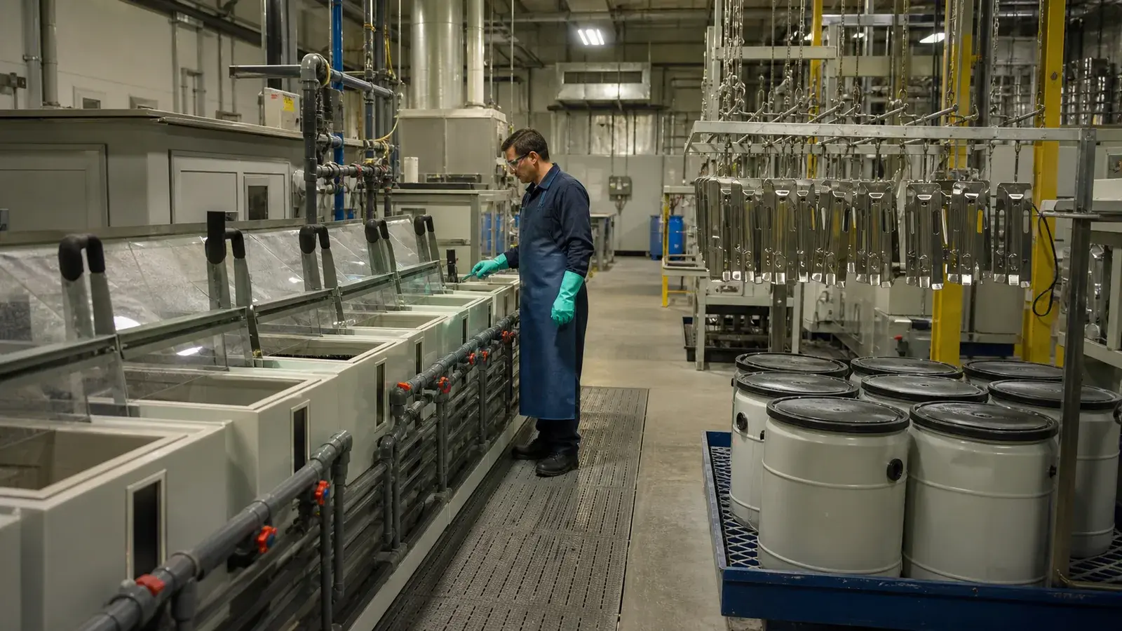 A technician inspecting a metal-finishing line with closed drums in secondary containment.
