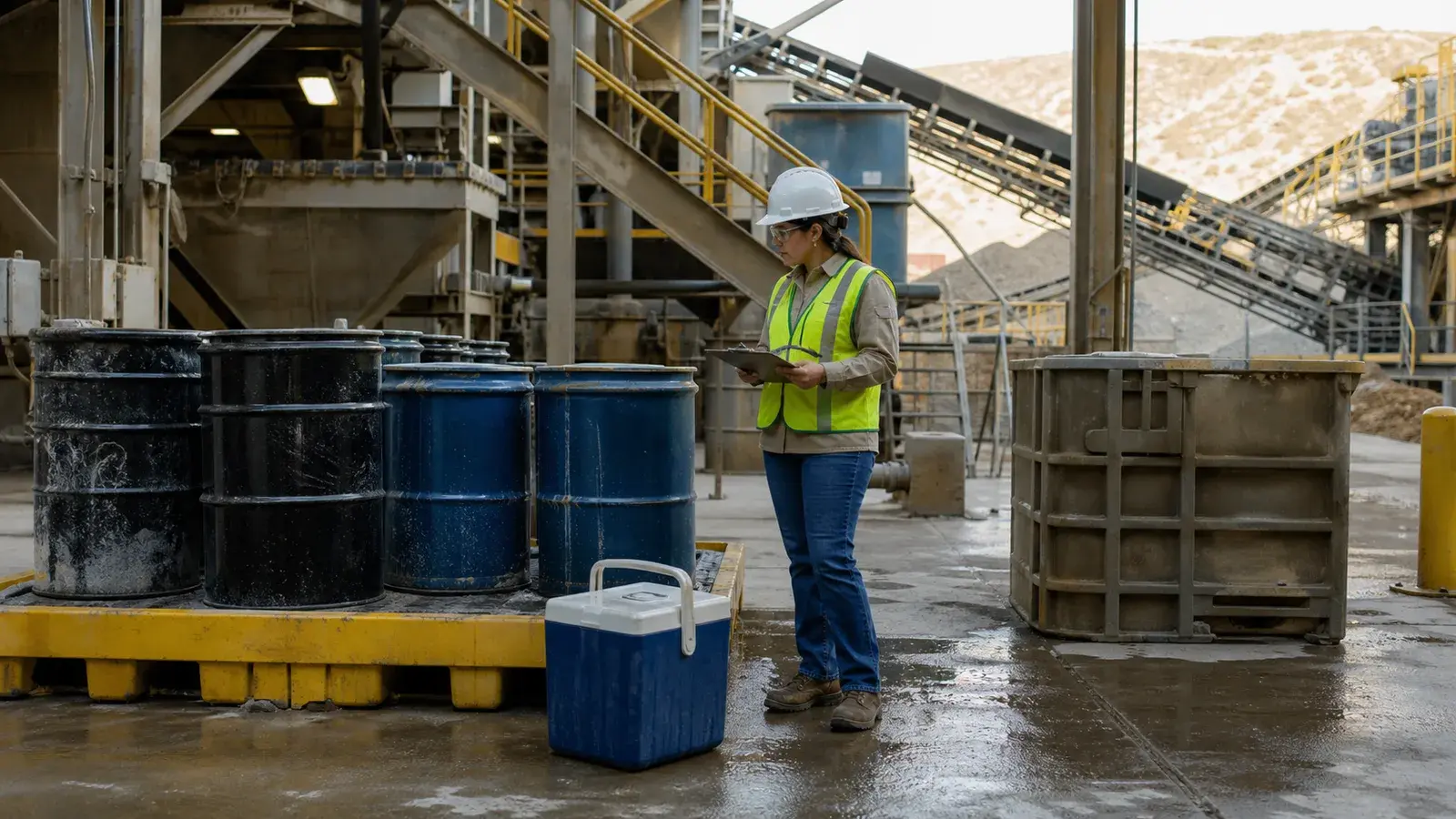 A mineral-processing site with closed drums in containment and bulk-material equipment.