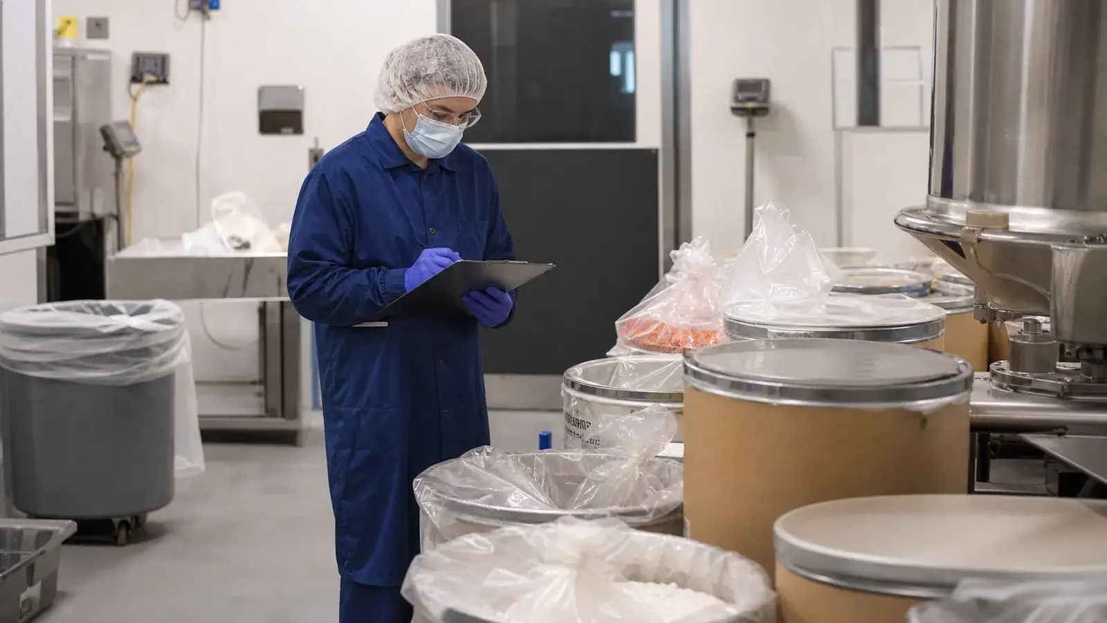 A pharmaceutical support room with sealed ingredients and organized process materials.