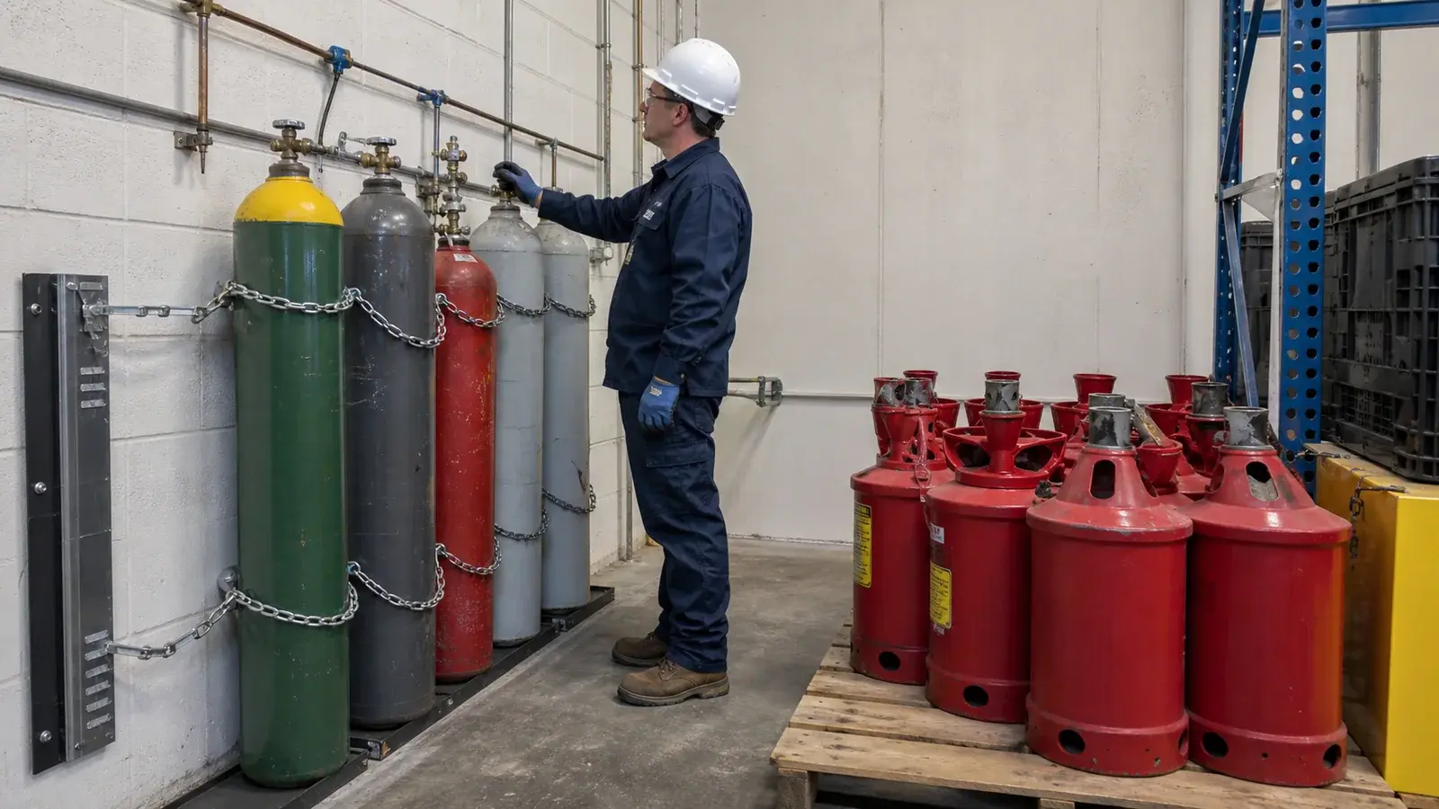 A technician inspecting capped compressed-gas cylinders secured upright in an industrial maintenance storeroom.