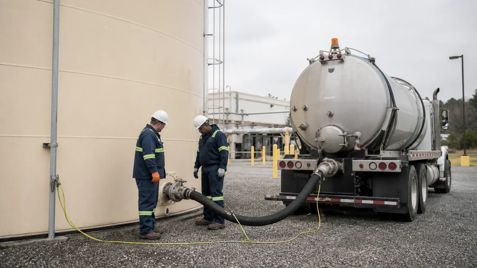 Two field technicians inspecting a transfer hose between a closed industrial tank and an unbranded vacuum tanker.