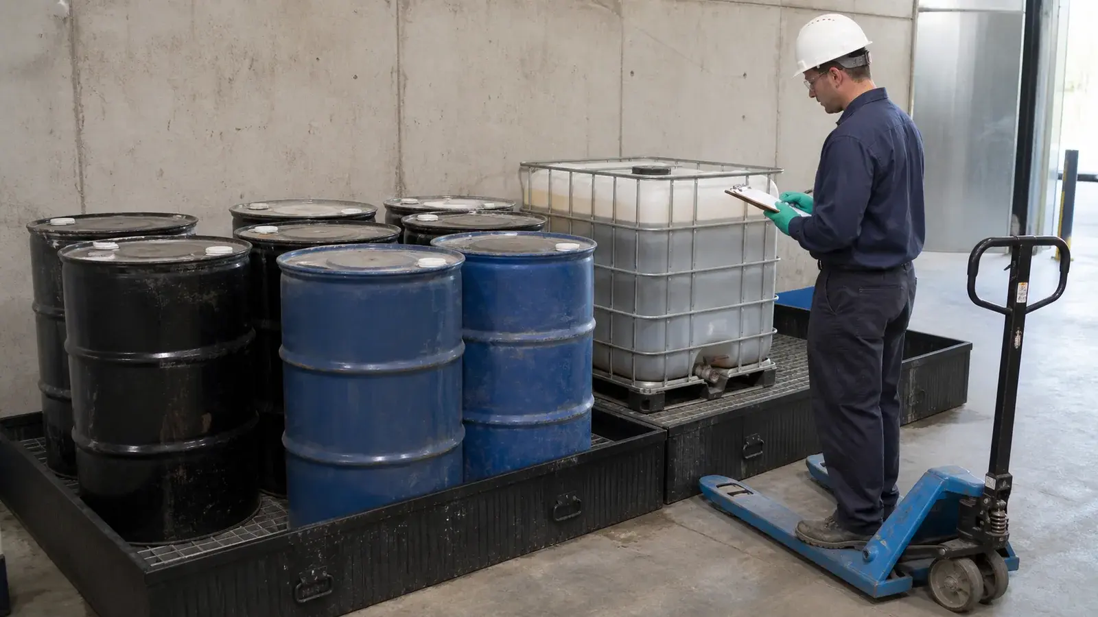 An industrial technician documenting closed drums and an IBC tote inside secondary containment.