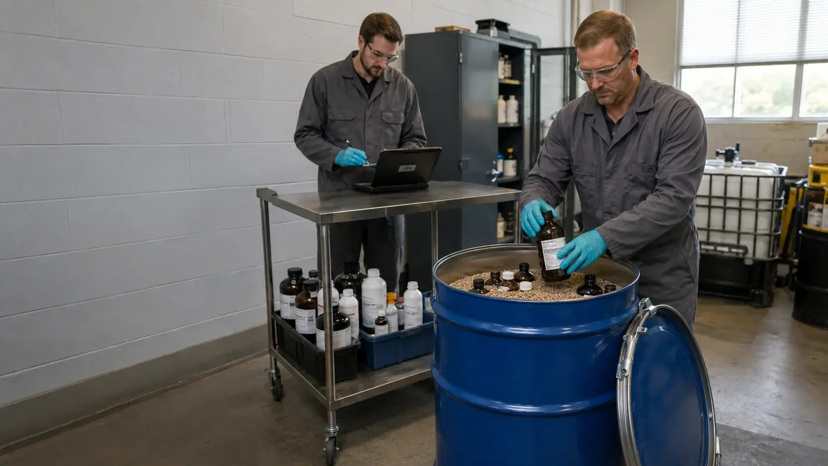 Representative lab pack scene with closed chemical bottles, cushioning material in an open blue overpack drum, and technicians wearing gloves and eye protection.