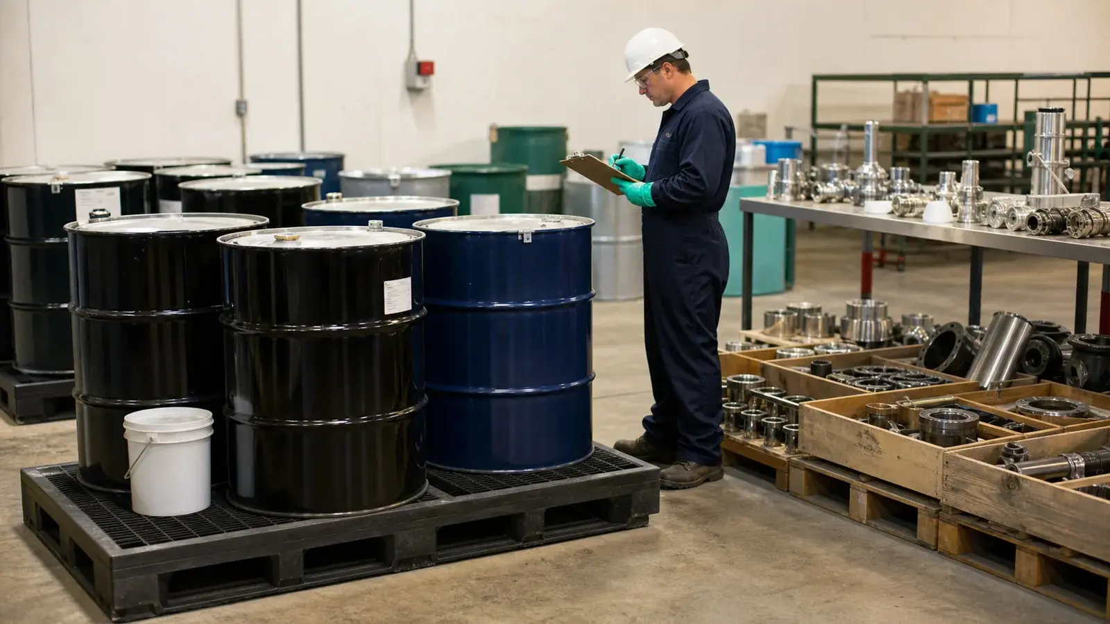 A technician reviewing closed drums and clean stainless process components for a potential material recovery pathway.
