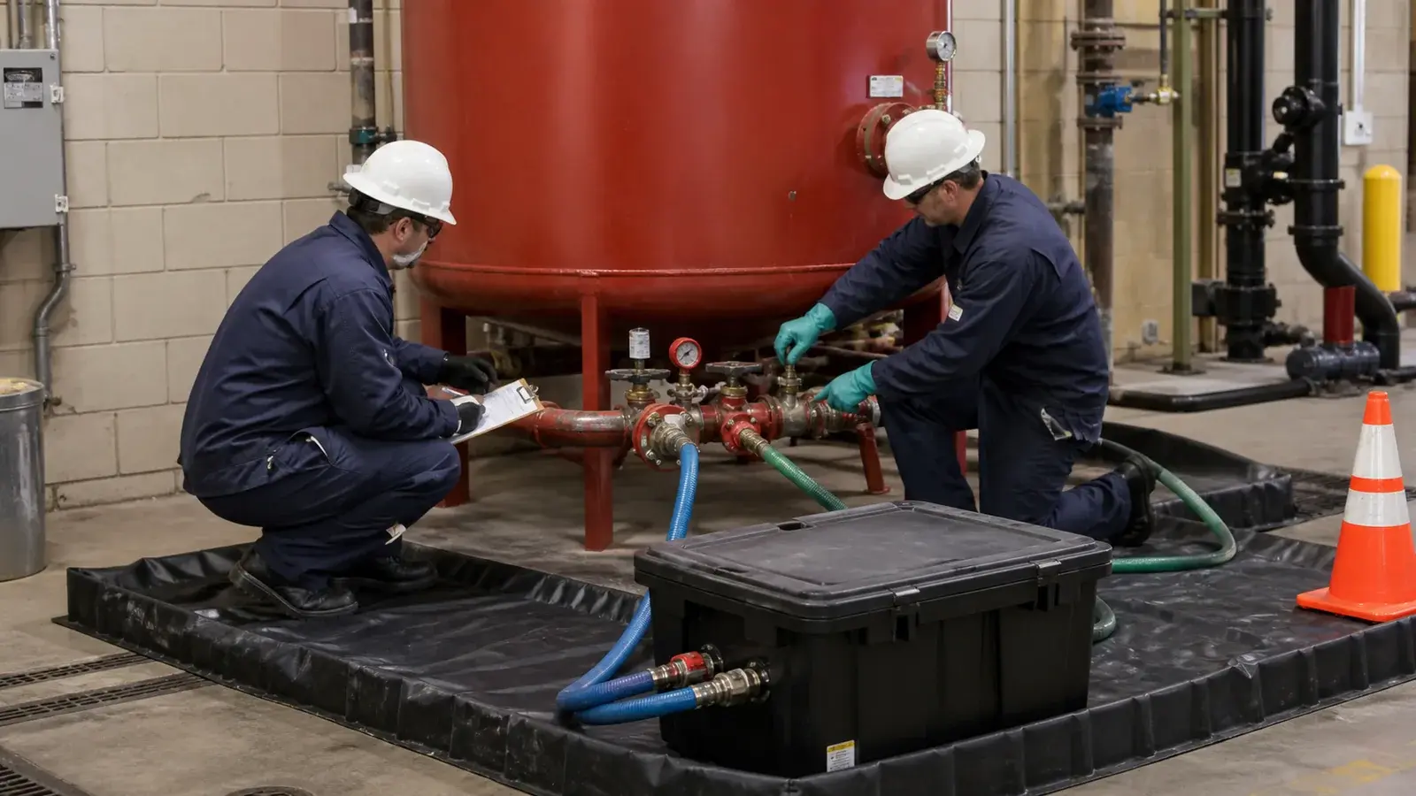 Two technicians preparing secured hoses and a closed collection container at a fire-suppression foam tank.