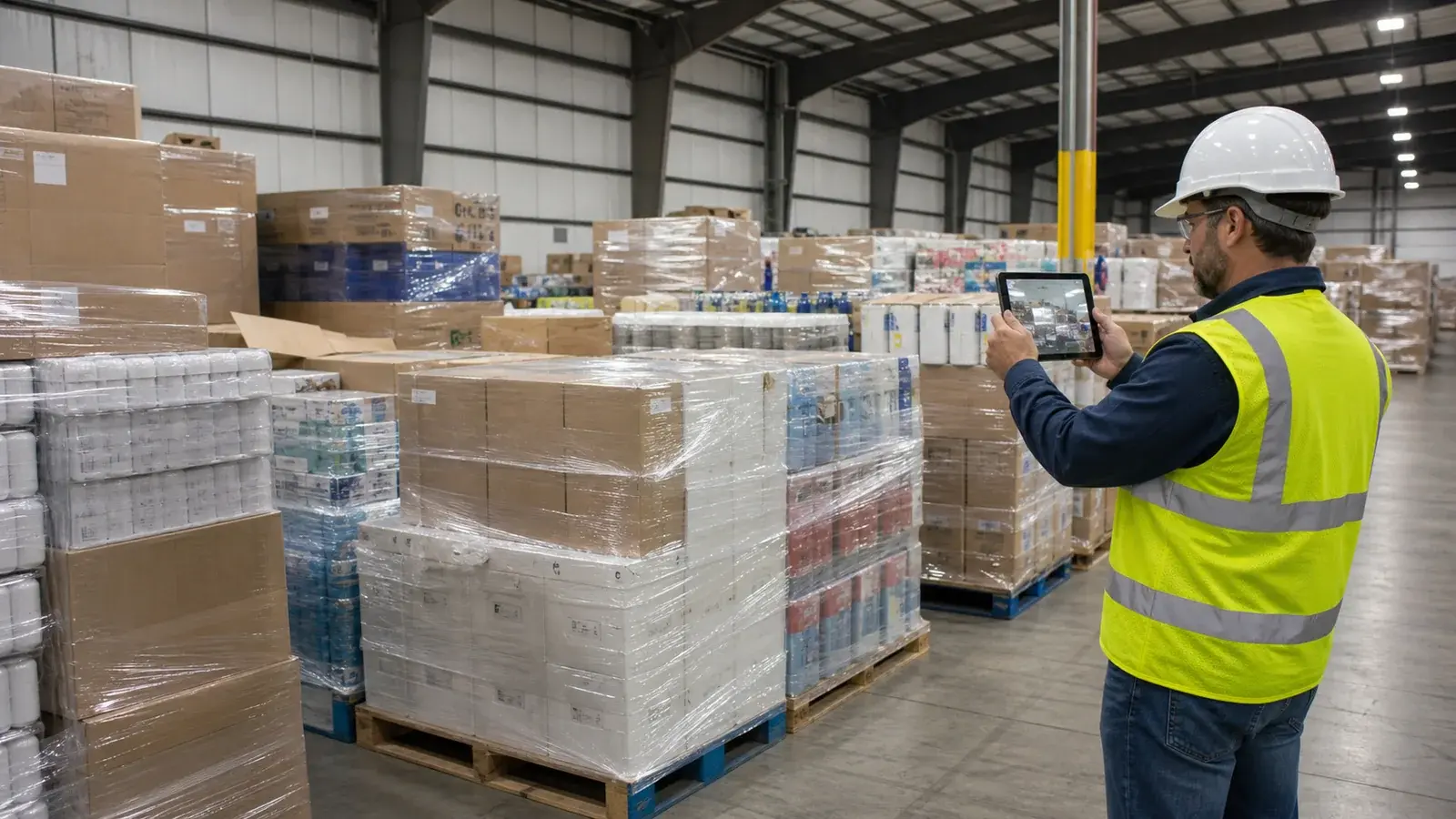 A warehouse professional documenting quarantined pallets of generic packaged goods in a quality-hold area.