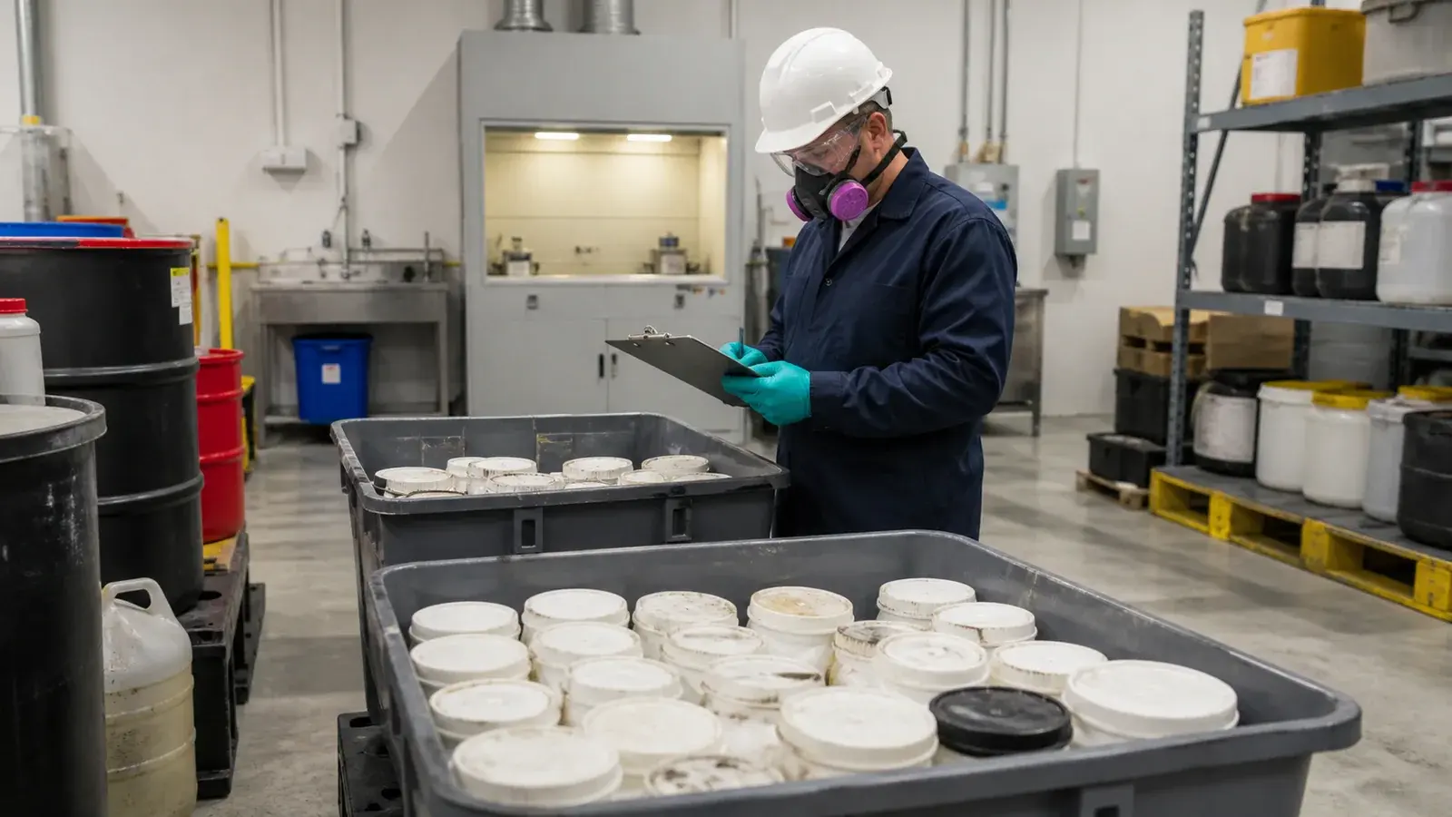 A technician documenting sealed small containers grouped inside protective bins in an industrial support room.