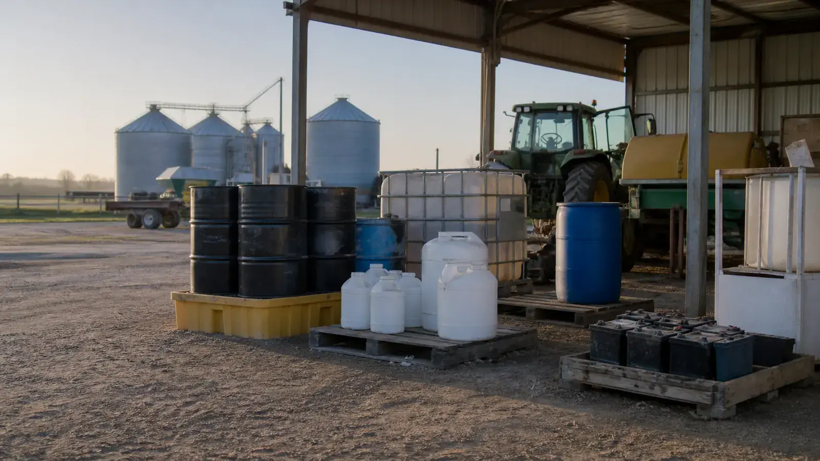 An agricultural maintenance and chemical-storage area with closed containers prepared for inventory review.