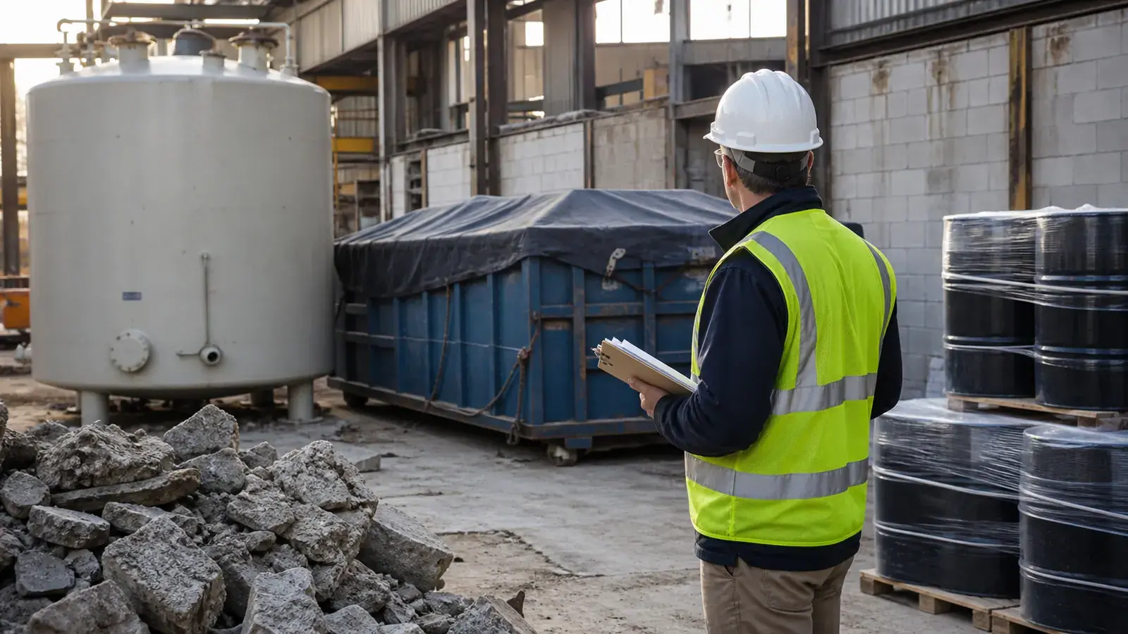 An industrial renovation site with a tank, sealed drums, and covered project materials.