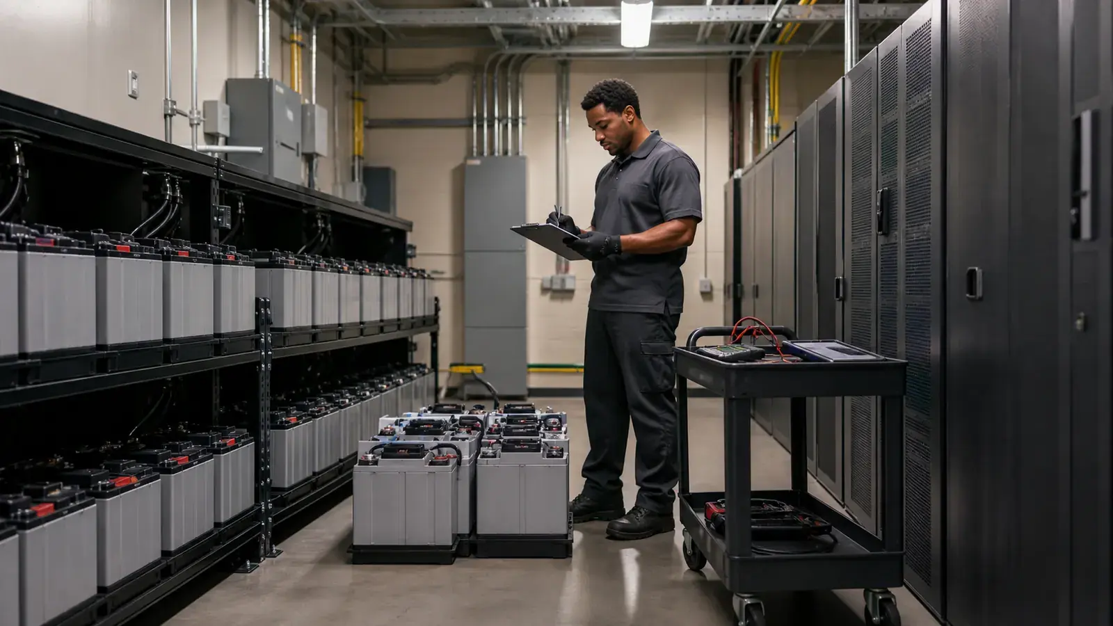 Battery modules and electronics being inventoried in a data-center support room.