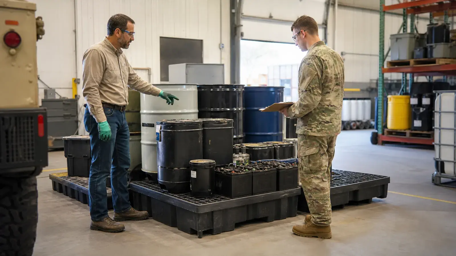 An organized project staging area being reviewed by a uniformed facility representative and environmental contractor.