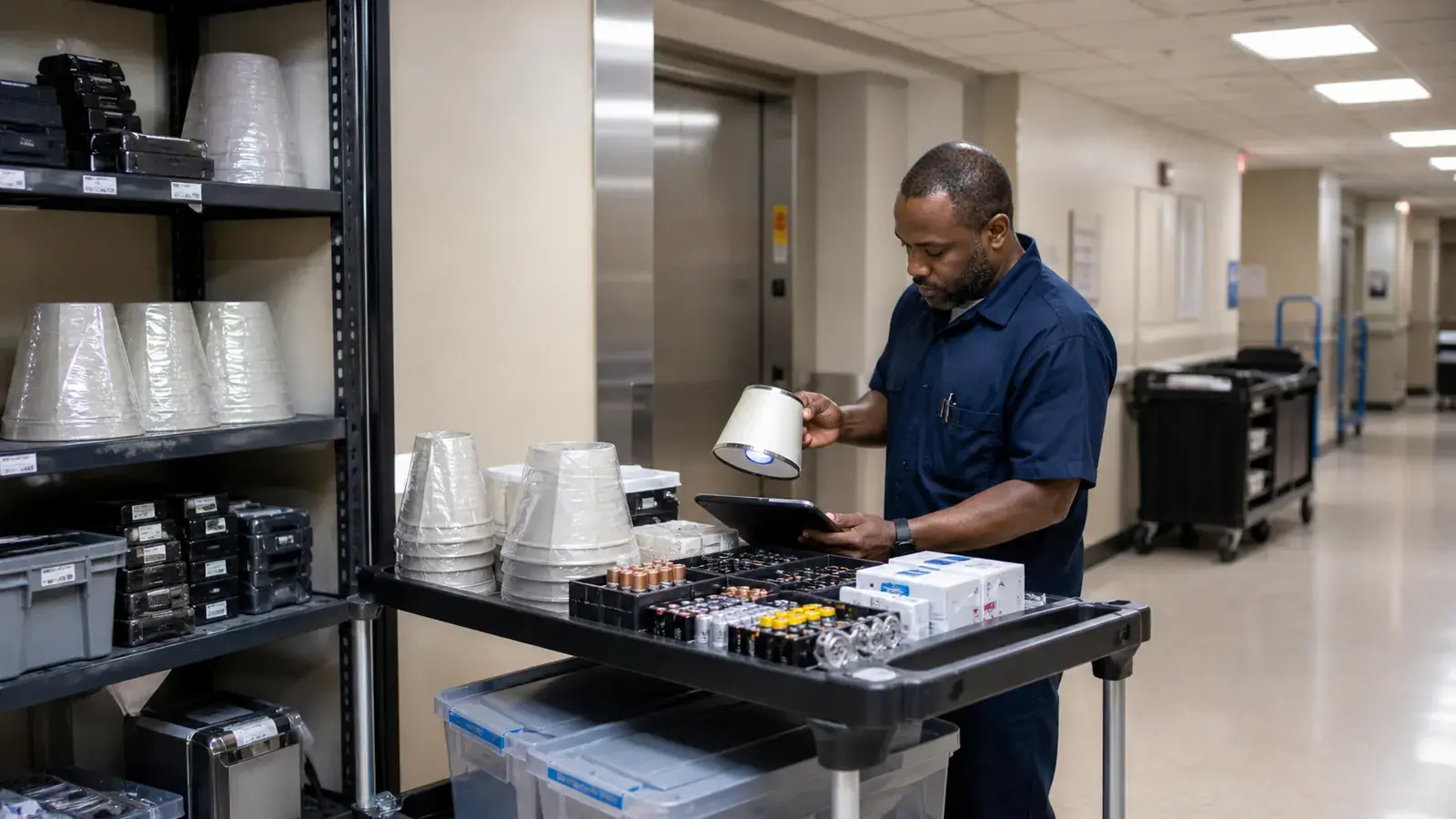 An institutional facilities support area with batteries, lamps, electronics, and an inventory cart.