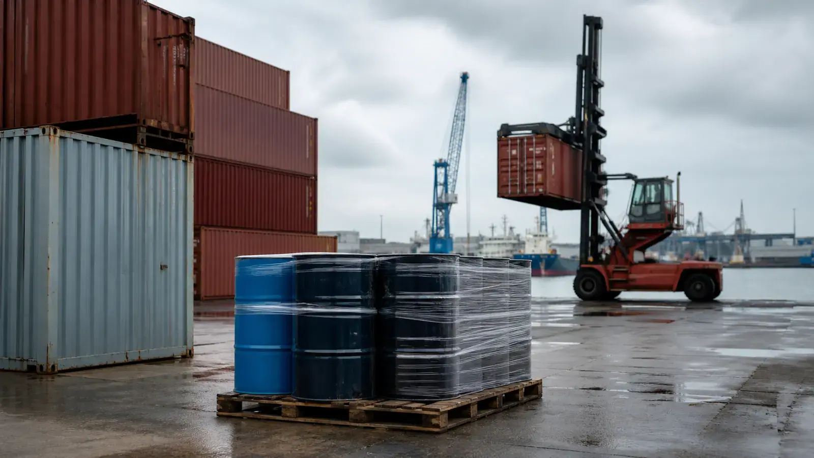 A working cargo port with sealed drums and unbranded cargo-handling equipment.