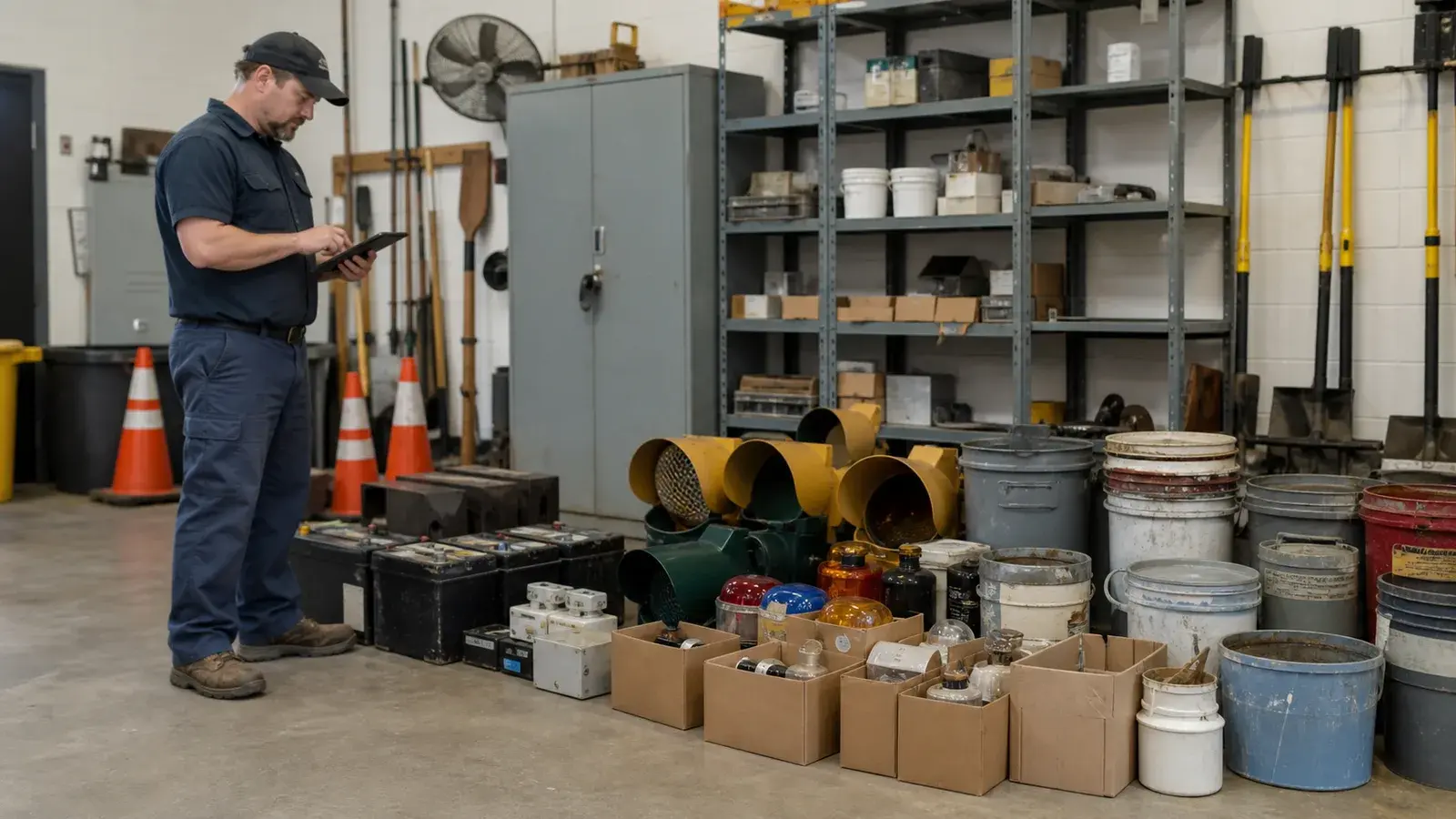 A municipal public-works facility with organized life-safety and maintenance equipment.