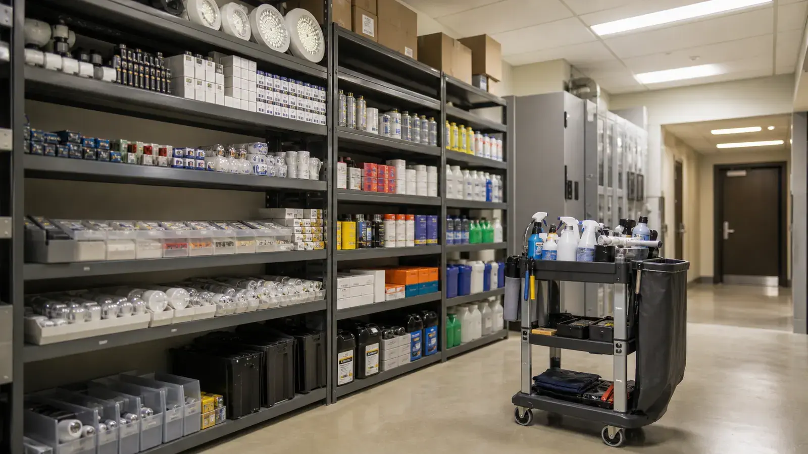 A commercial property facilities room with organized maintenance materials and containers.