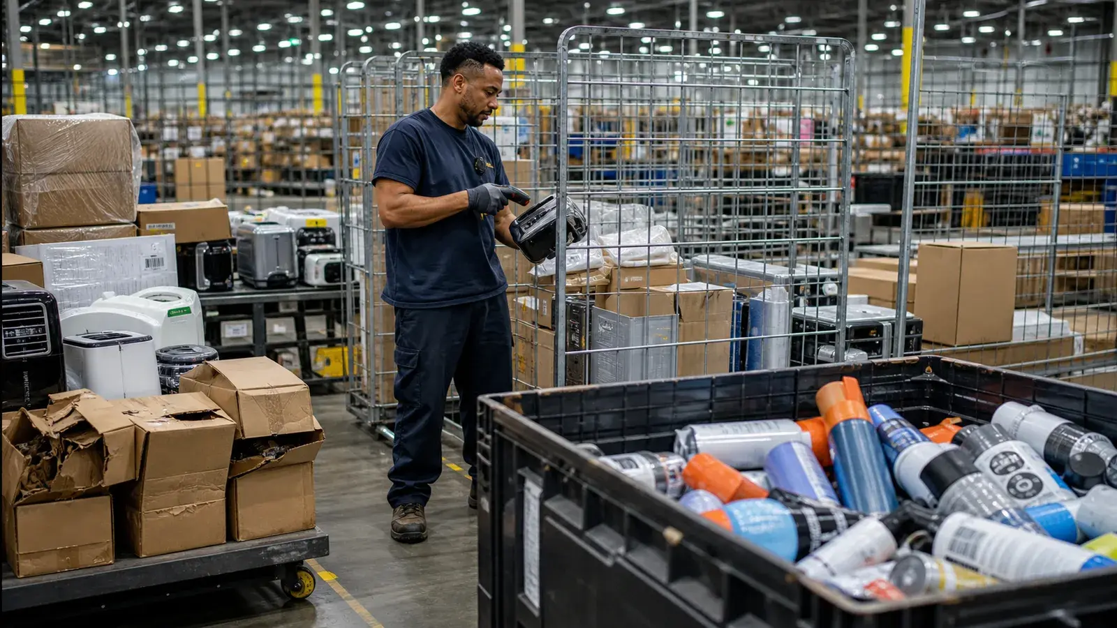 A retail returns area with damaged and unsaleable inventory being documented.