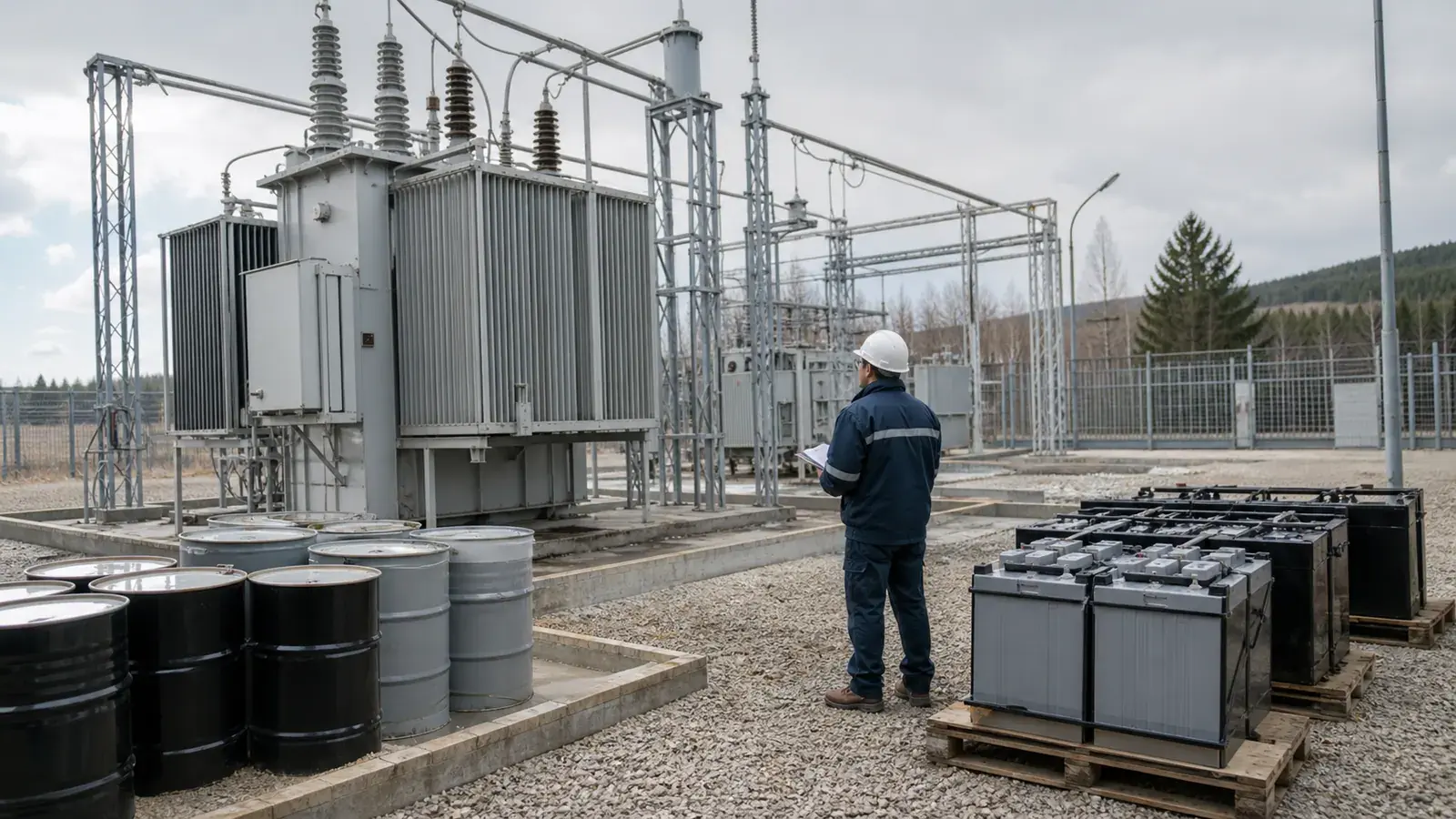 A utility maintenance yard with transformers, closed oil drums, and batteries.