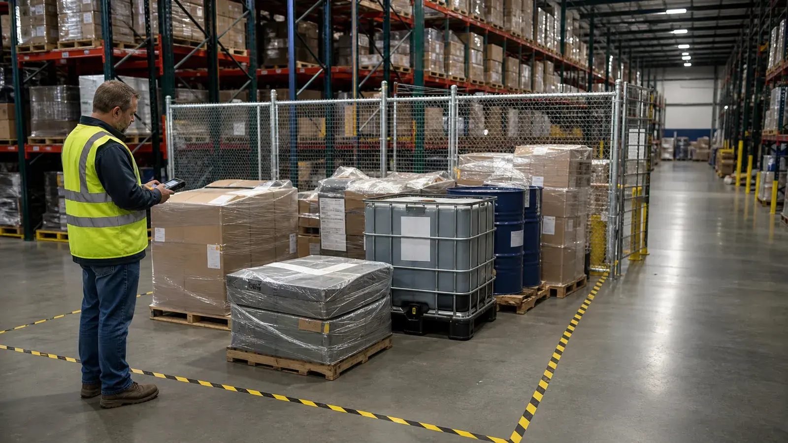 A distribution-center quarantine zone with palletized goods and closed containers.