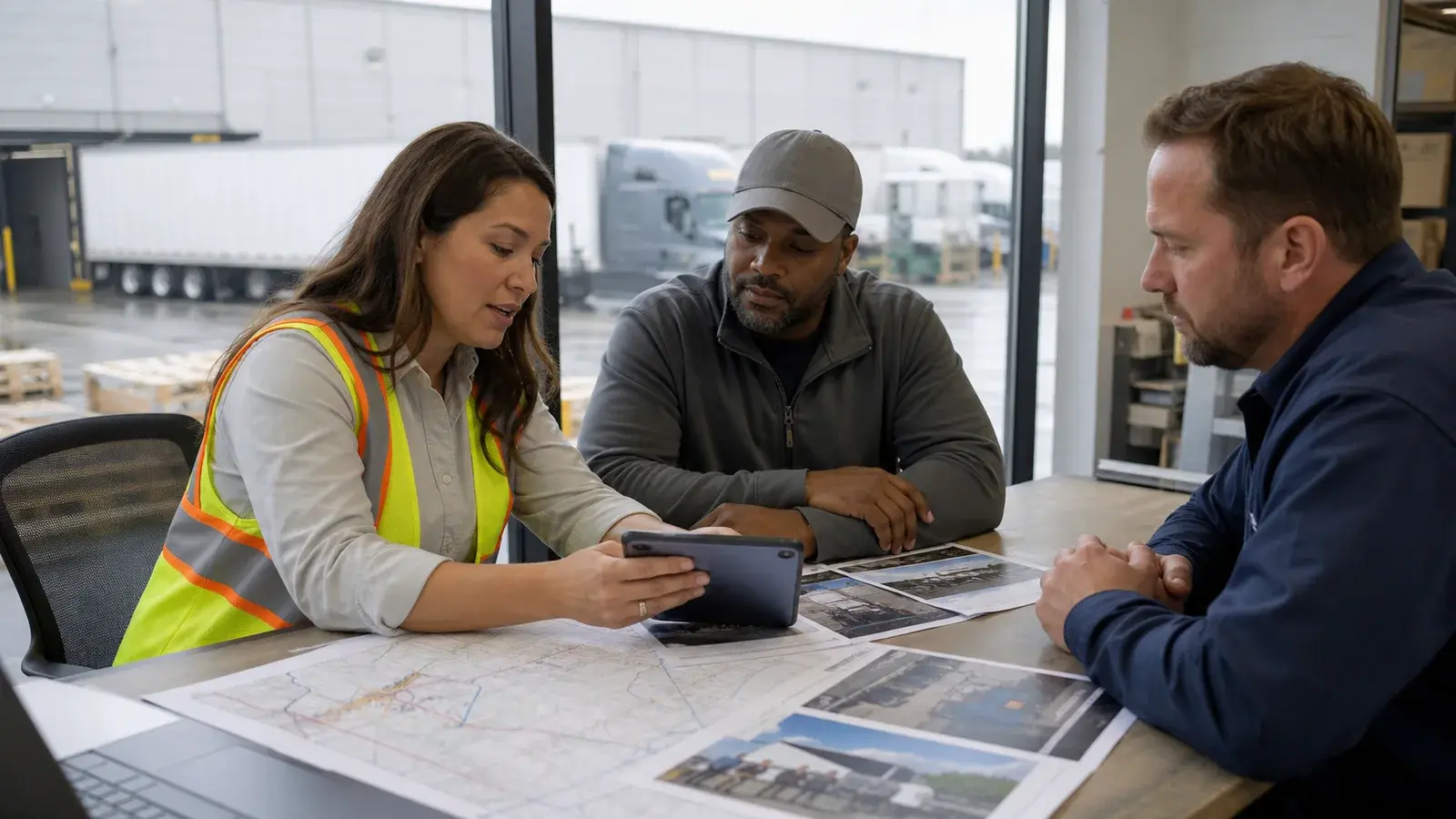 A project coordinator, facility manager, and carrier representative reviewing site photographs and routing information in a warehouse office.