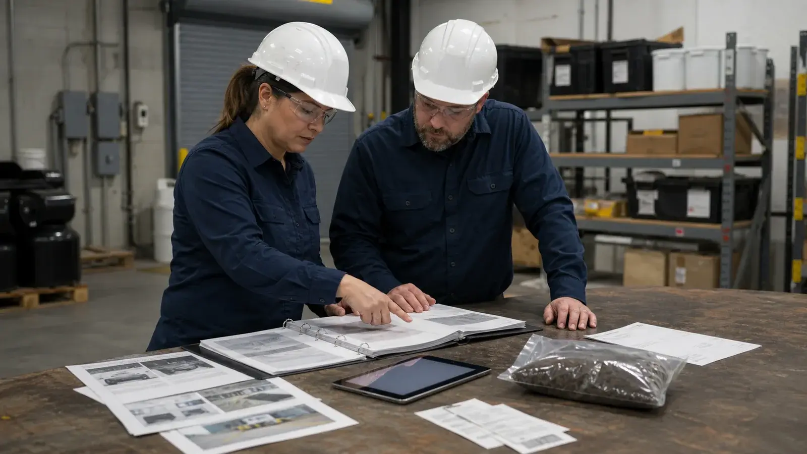 Project professionals reviewing records and photographs at a warehouse worktable.