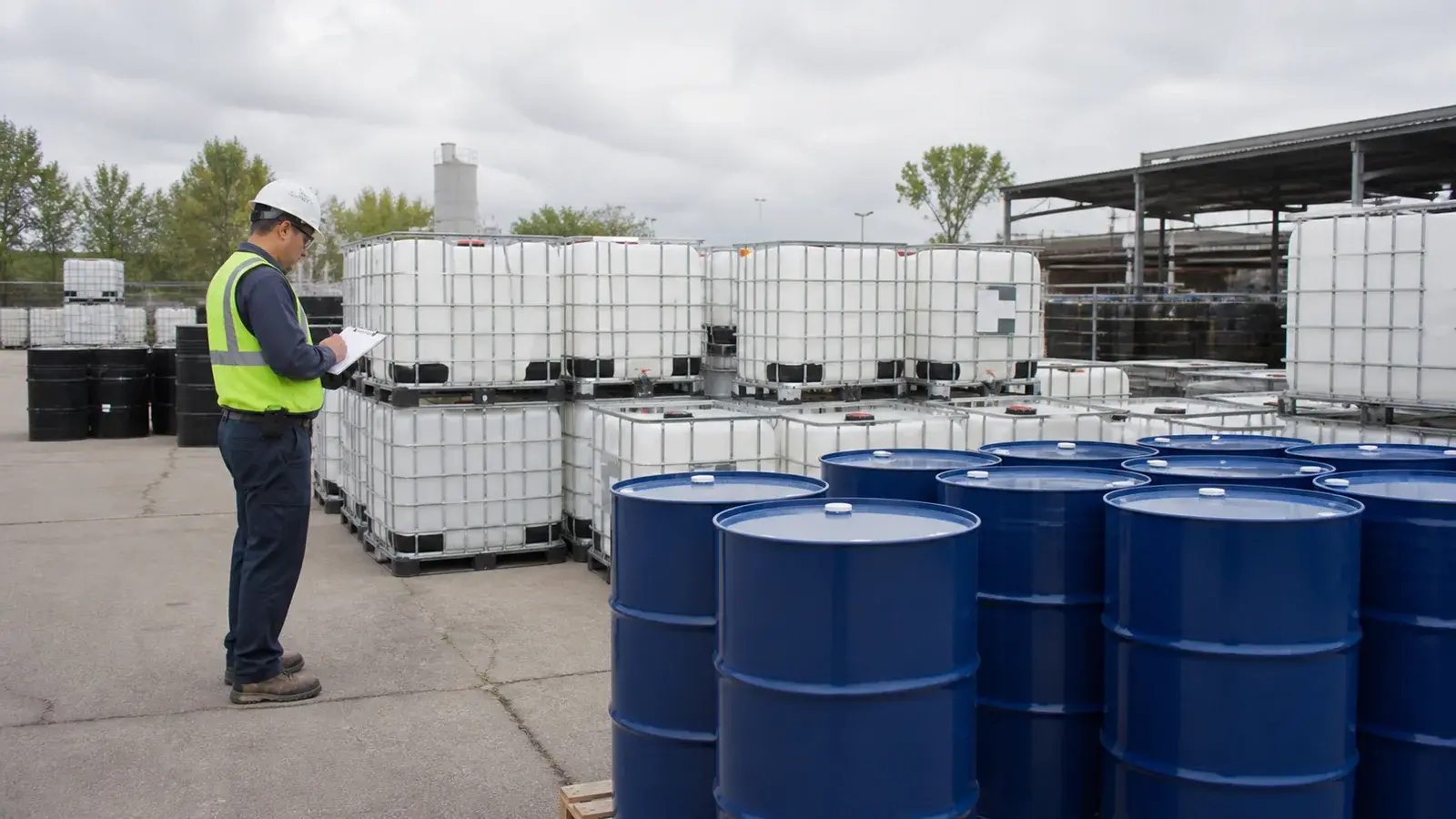 An industrial worker documenting steel drums and IBC totes arranged by container type in a clean yard.
