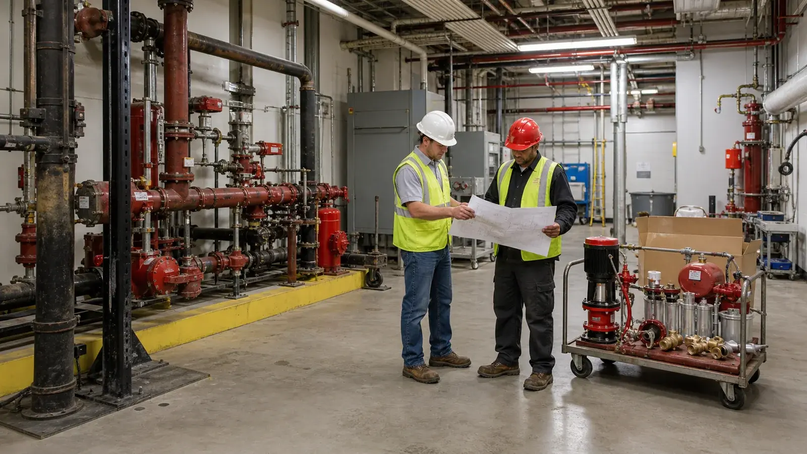 Two fire-protection technicians comparing drawings between an existing pipe manifold and new suppression components staged on carts.