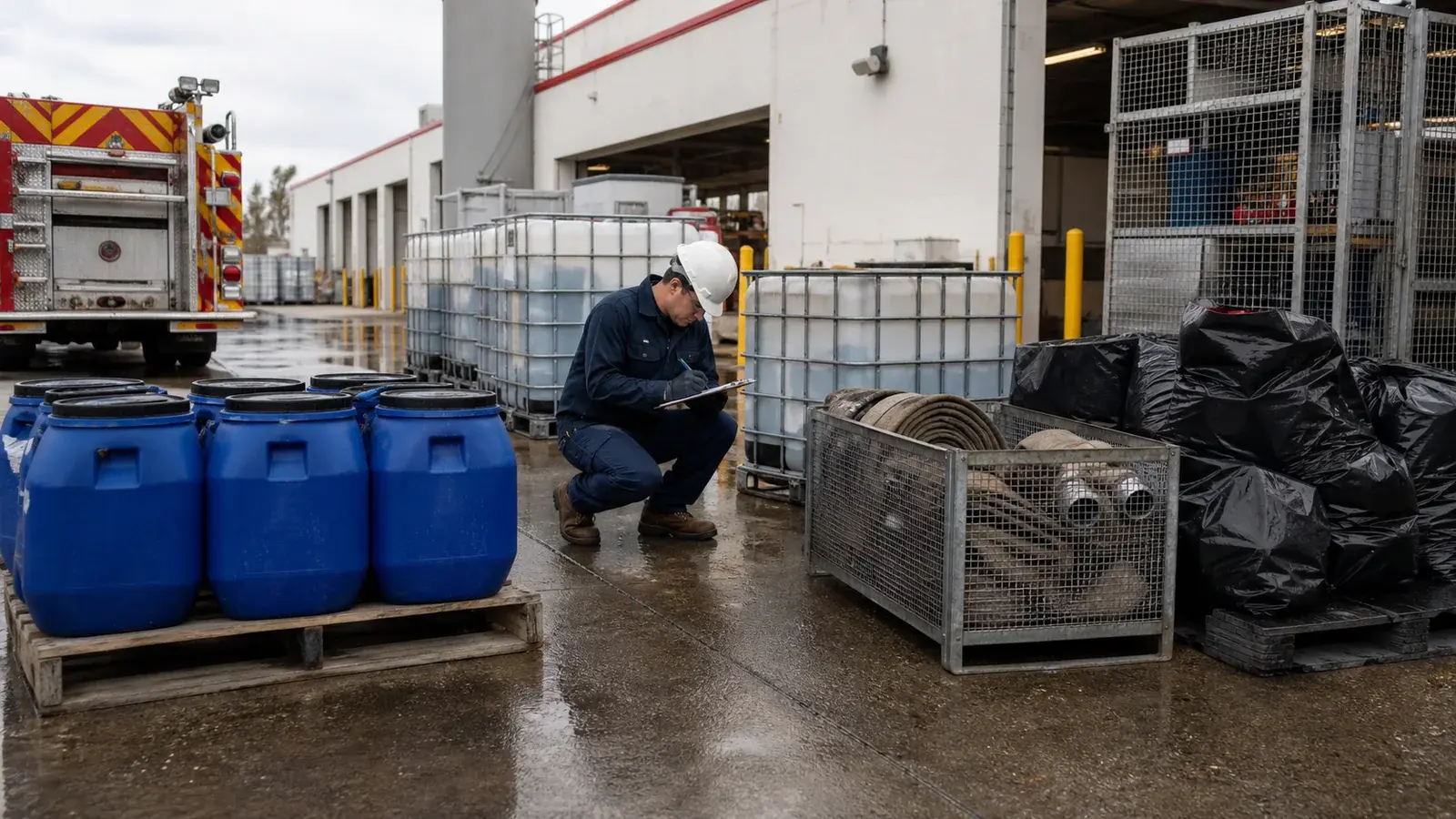 A technician documenting separate closed PFAS and AFFF liquid containers and protected used hose at a fire-protection service facility.