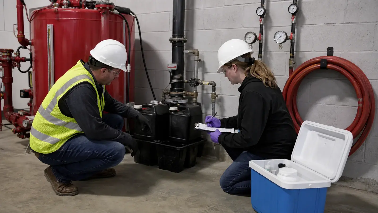 A fire-protection contractor and environmental technician reviewing a foam-system tank, closed containers, piping, and sampling equipment.