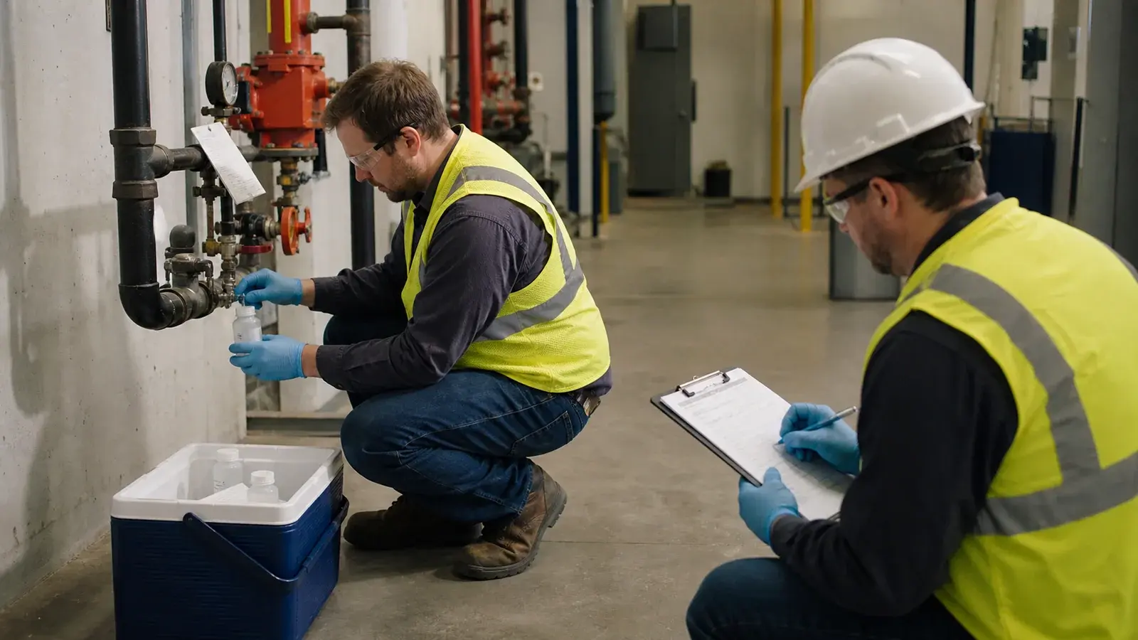 Two technicians collecting and documenting a controlled liquid sample from a fire-suppression system port.