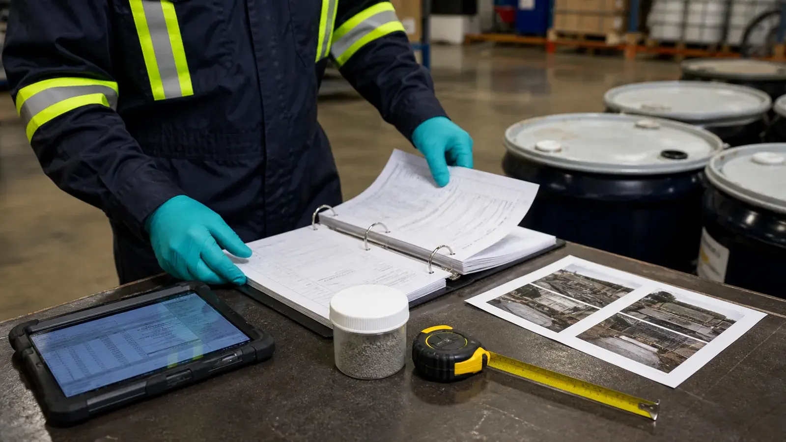 Gloved hands organizing a binder, sealed sample, inventory photographs, measuring tape, and tablet beside closed drums.