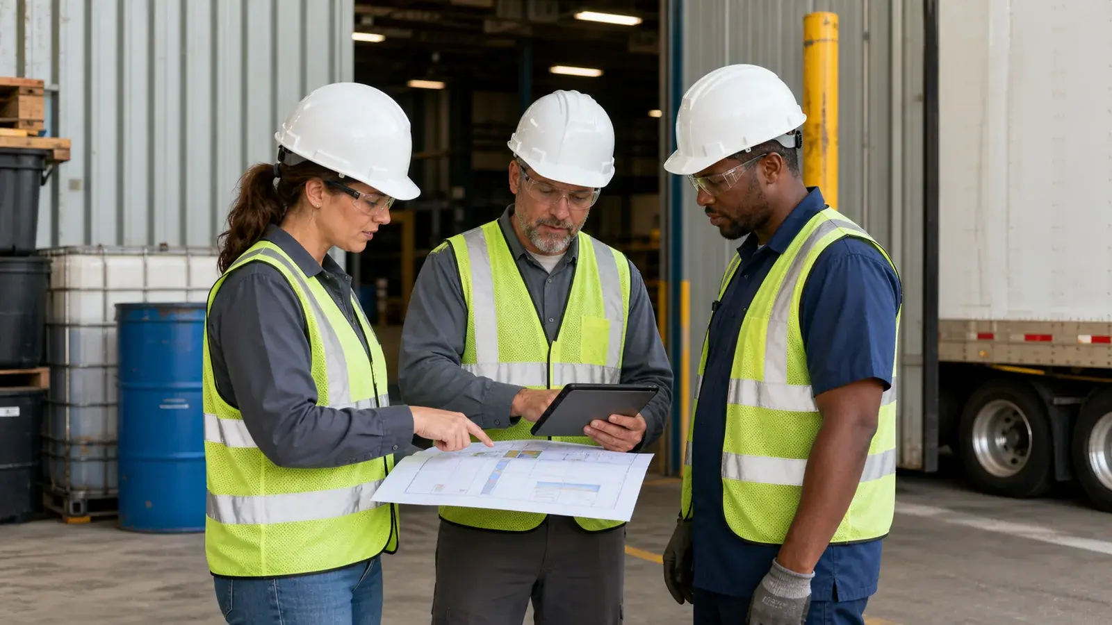 Three environmental project professionals reviewing a project map and tablet at a loading area.