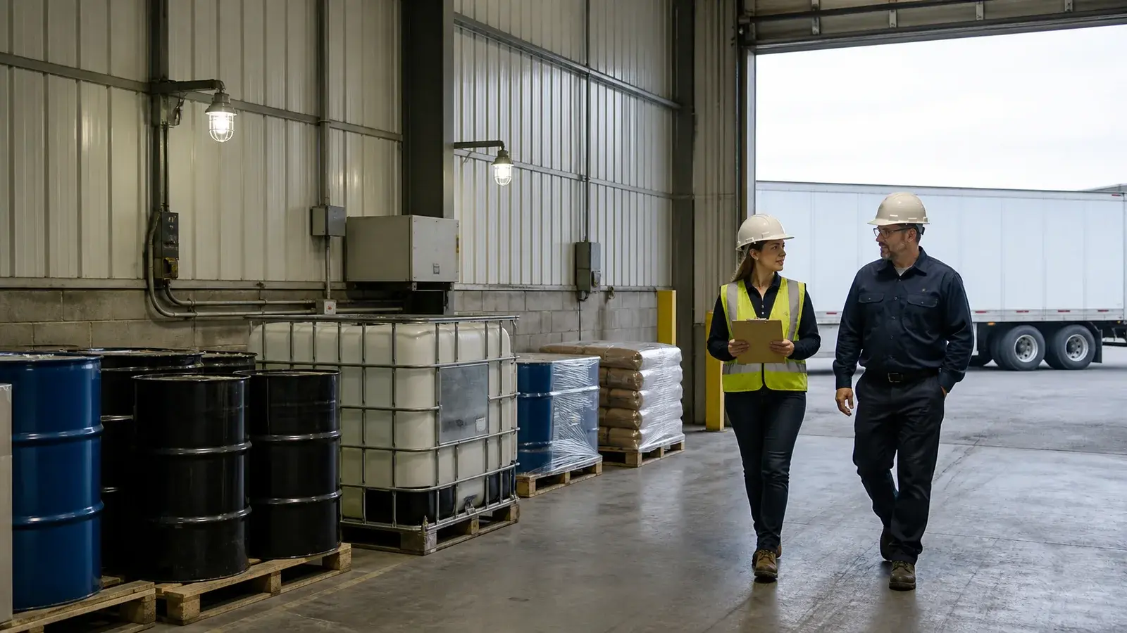 An environmental project coordinator and plant manager walking past organized closed containers and palletized materials near a loading bay.