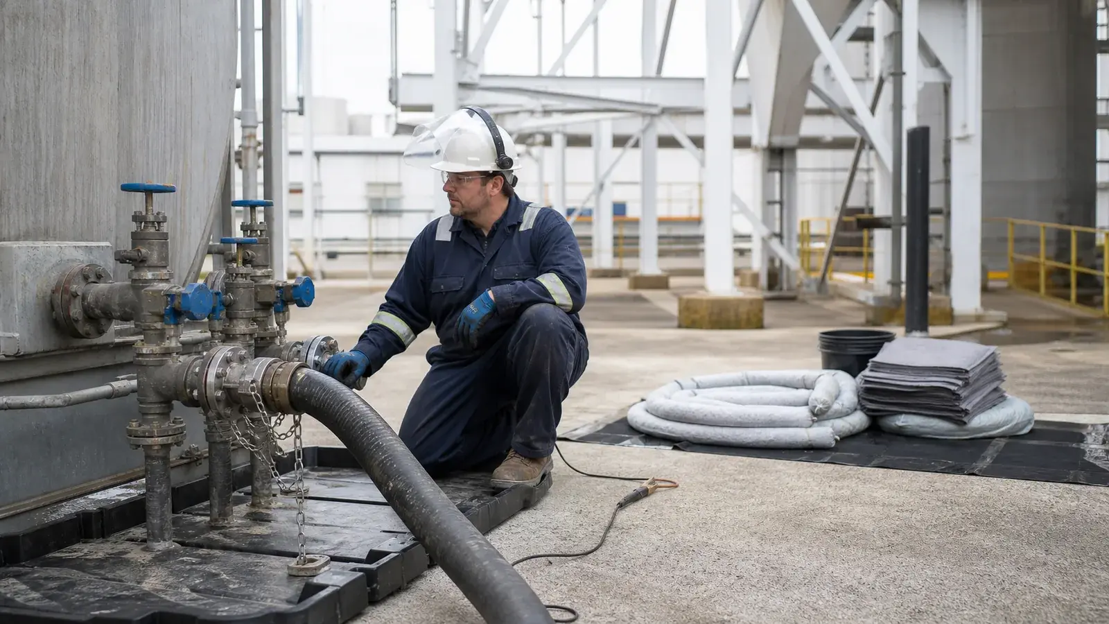 A technician inspecting a grounded transfer hose and valve manifold at an industrial tank before field work.