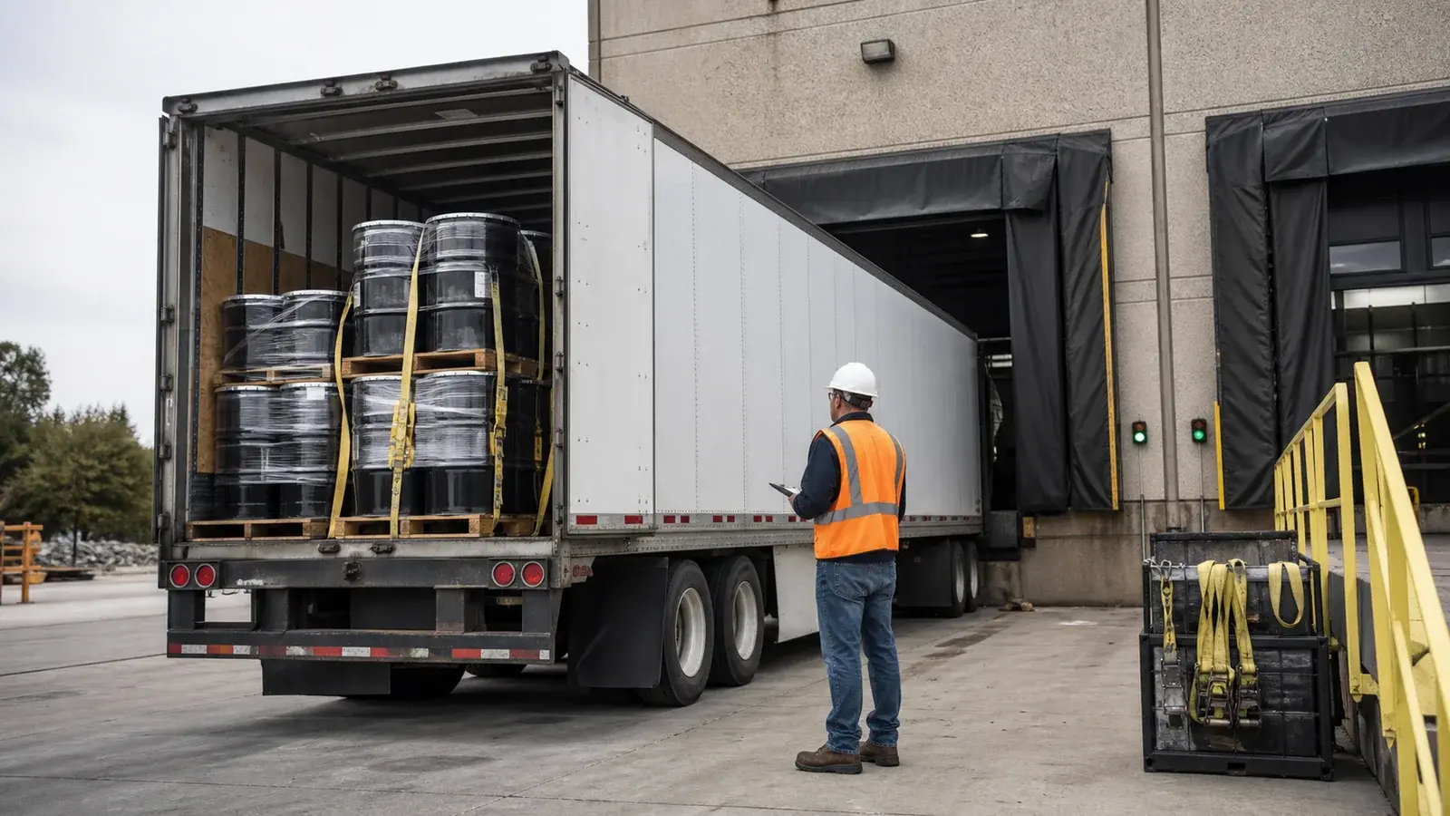 A dock supervisor reviewing closed drums secured on pallets inside an unbranded trailer at a commercial loading dock.