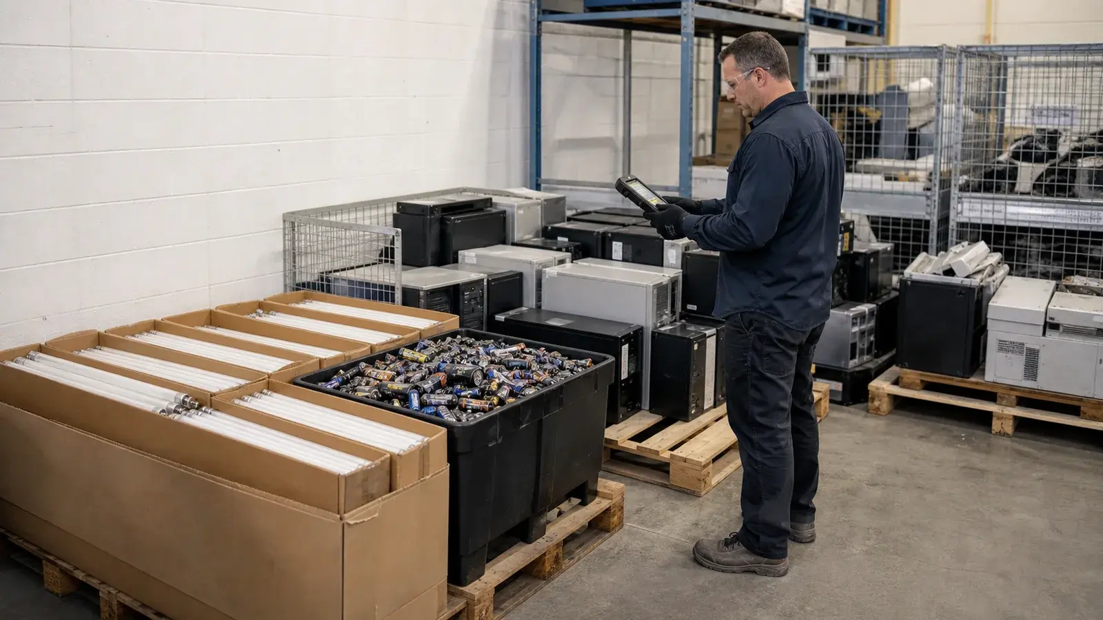 A facility employee inventorying protected lamps, intact batteries, computers, and small electronics in separate groups.