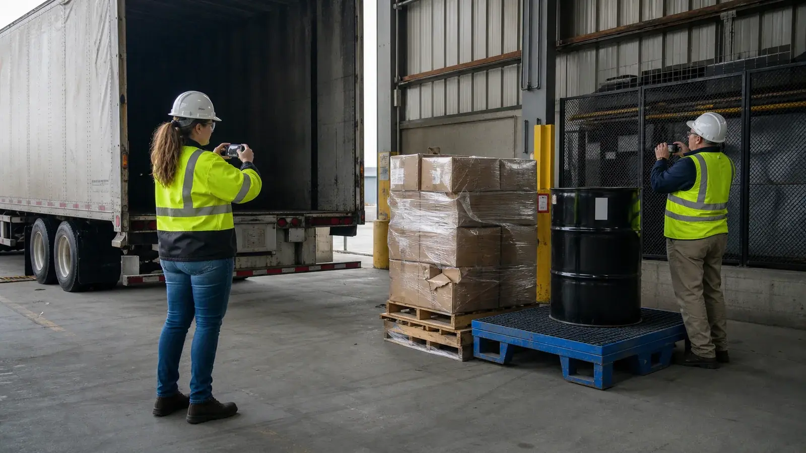 Two professionals documenting stable damaged freight and an intact closed drum beside a detained unbranded trailer.