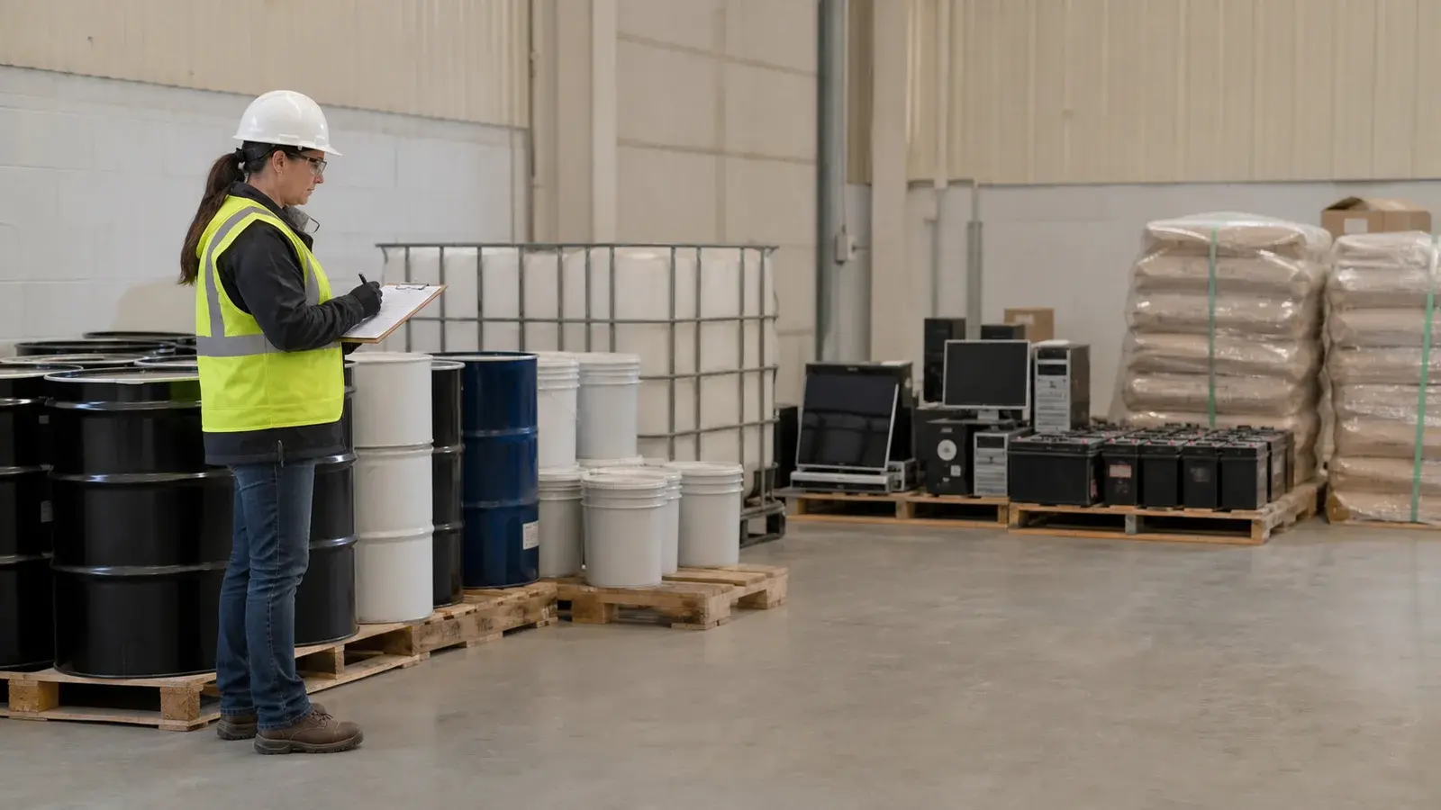 An environmental technician documenting separate groups of closed drums, pails, an IBC tote, electronics, batteries, and palletized materials.